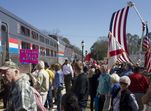 Hundreds of Amtrak fans cheered the arrival of Amtrak train. Lori Ceier/Walton Outdoors